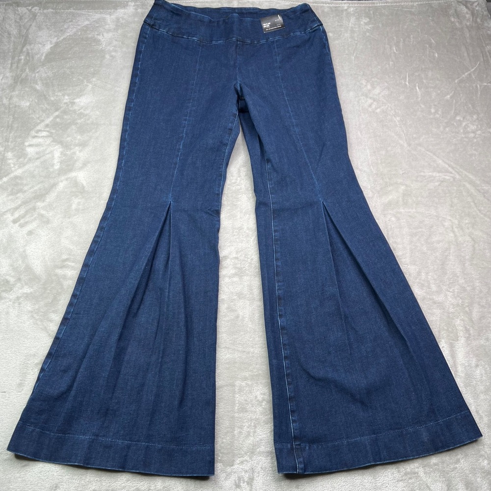 Express 70s Flare Jeans Womens 32 Dark Wash Stretch Pull-On Mid Rise Pleated New